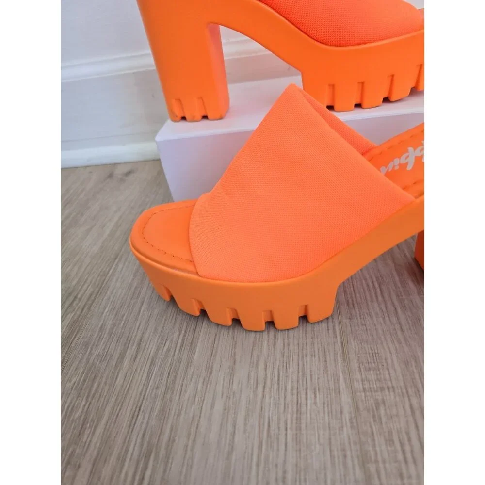 Cape Robbin Neon Orange Platform Chunky Heel Mules